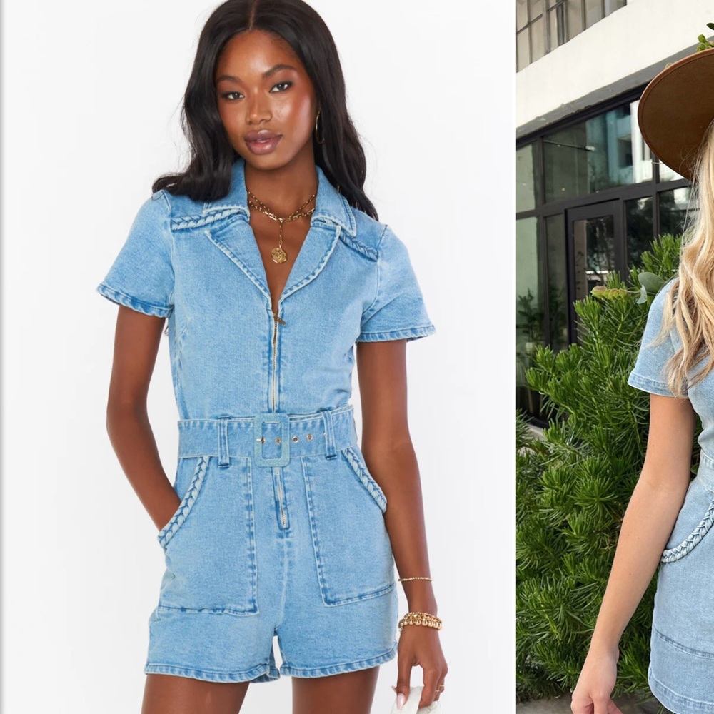 Show Me Your MuMu Light Blue Denim Romper with Belt